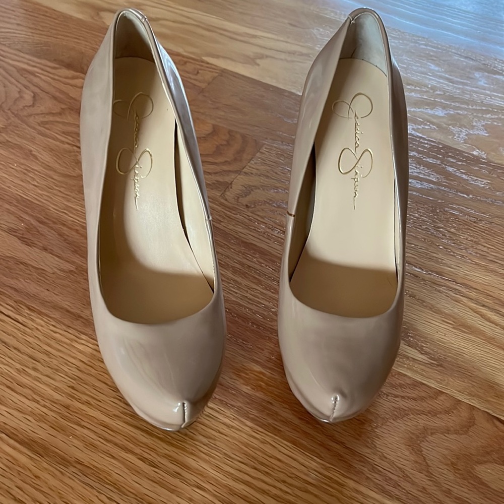 Tan Patton leather, Jessica Simpson heels